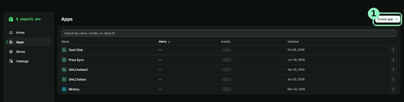 Shopify Dev Dashboard, Apps page, with the Create app button highlighted top right