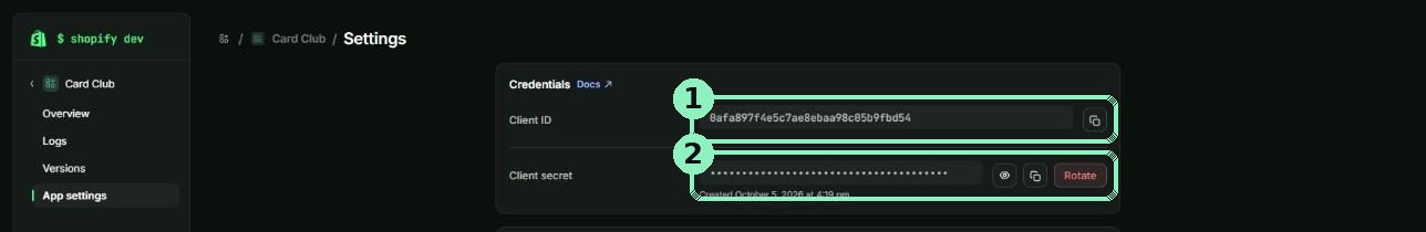 App settings, Credentials, with Client ID and Client secret highlighted