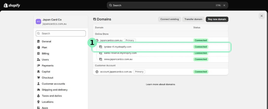 Shopify admin Settings, Domains, with the myshopify.com line highlighted