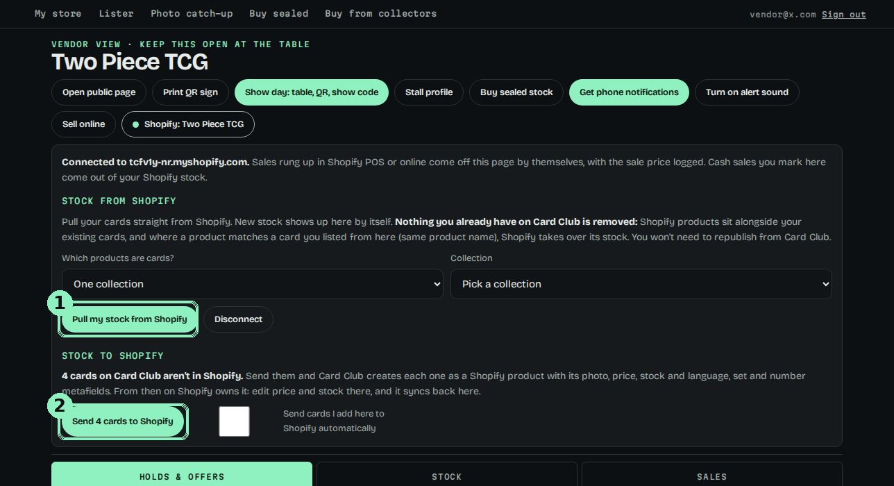 The connected Shopify panel with Pull my stock from Shopify and Send cards to Shopify highlighted