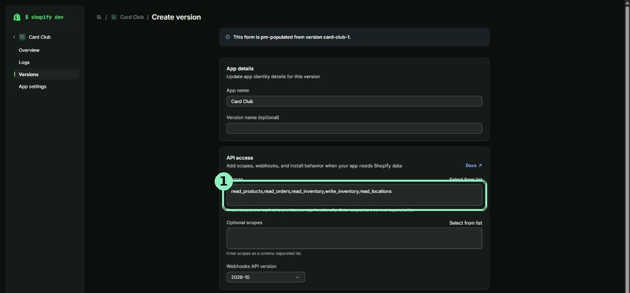 The Create version form with the Scopes box highlighted